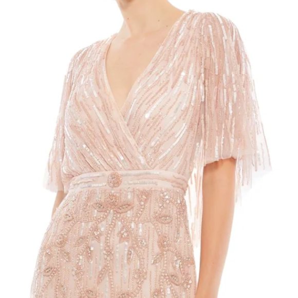 MAC DUGGAL 9064 CAPE SHORT SLEEVE FAUX WRAP BODICE BLUSH TRUMPET GOWN sz 14 - Picture 2 of 8